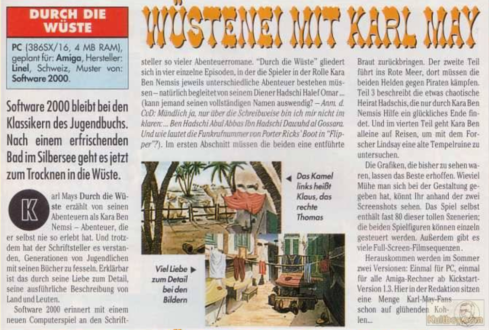 The German Magazine Aktueller Software Markt (ASM) announces the expected second installment of a Karl May game series by LINEL in its 6/94 issue.